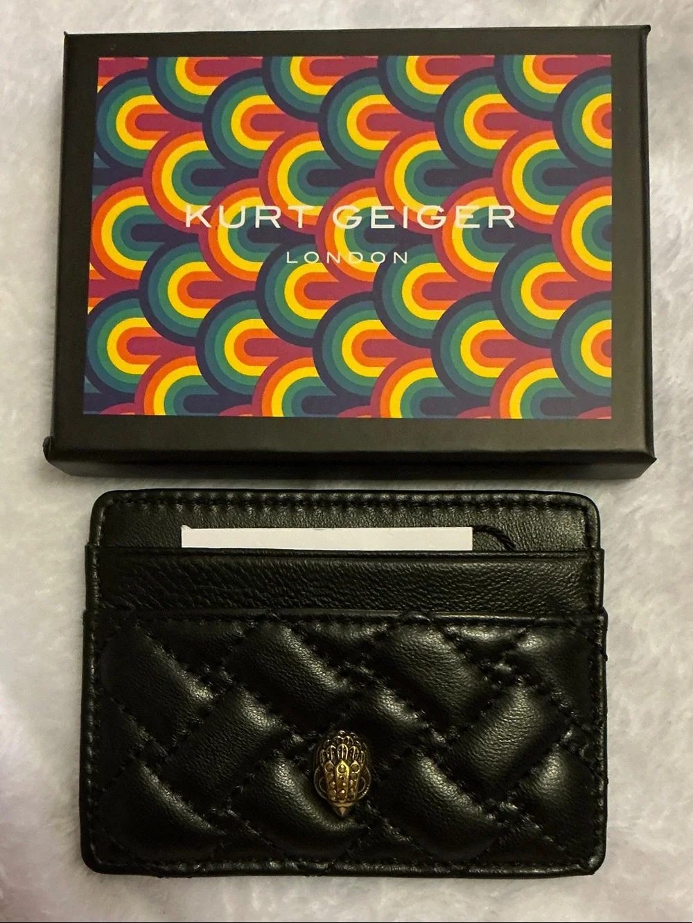 Kurt Geiger Black Quilted Leather Card Holder with Gold Eagle 🦅 Emblem